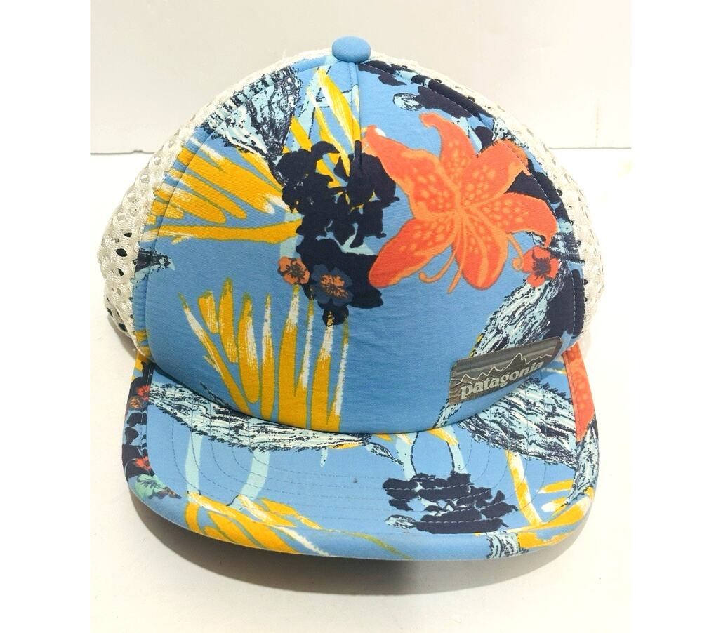 Patagonia Duckbill Trucker Hat Hawaiian Aloha Floral Mesh Run Surf Cap Blue